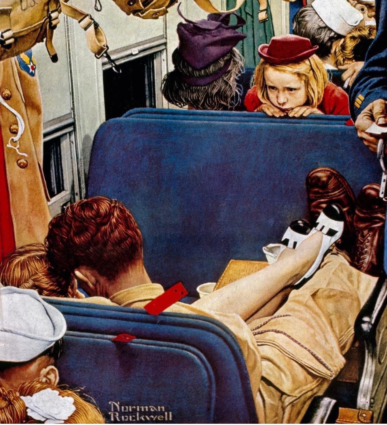 “The Voyeur (Little Girl Observing Lovers on a Train)” by Norman Rockwell (1944)